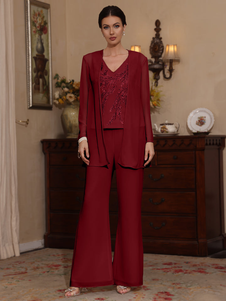3 Pieces V-Neck Chiffon Mother of the Bride Pantsuits with Jacket Sequins Ankle-Length Long Sleeves