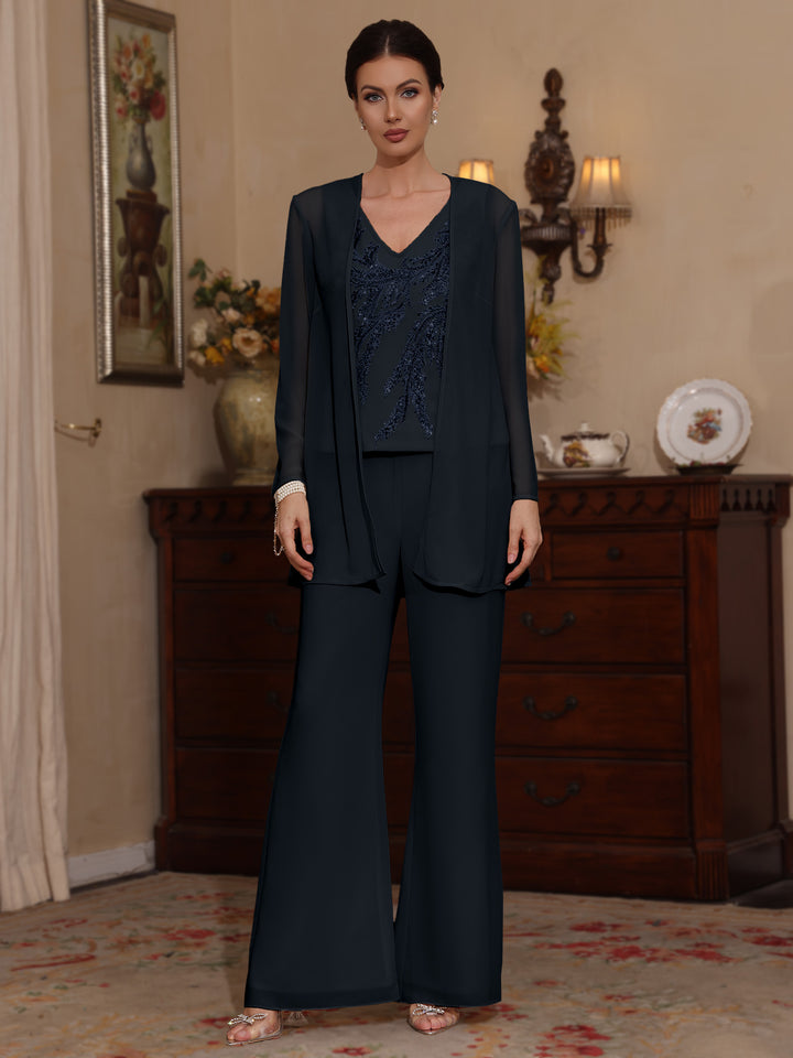 3 Pieces V-Neck Chiffon Mother of the Bride Pantsuits with Jacket Sequins Ankle-Length Long Sleeves