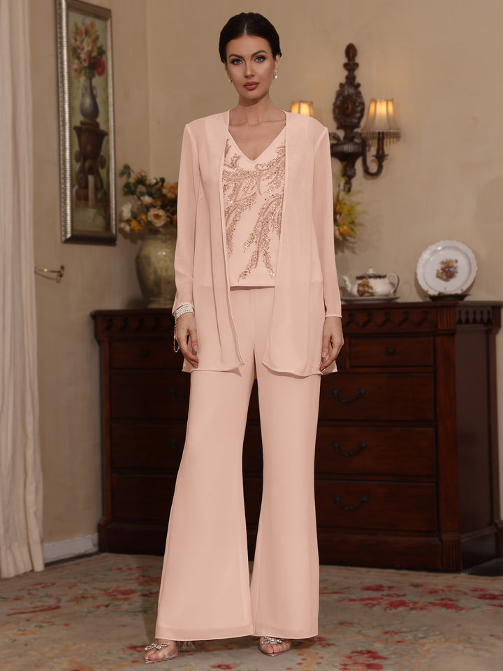 3 Pieces V-Neck Chiffon Mother of the Bride Pantsuits with Jacket Sequins Ankle-Length Long Sleeves