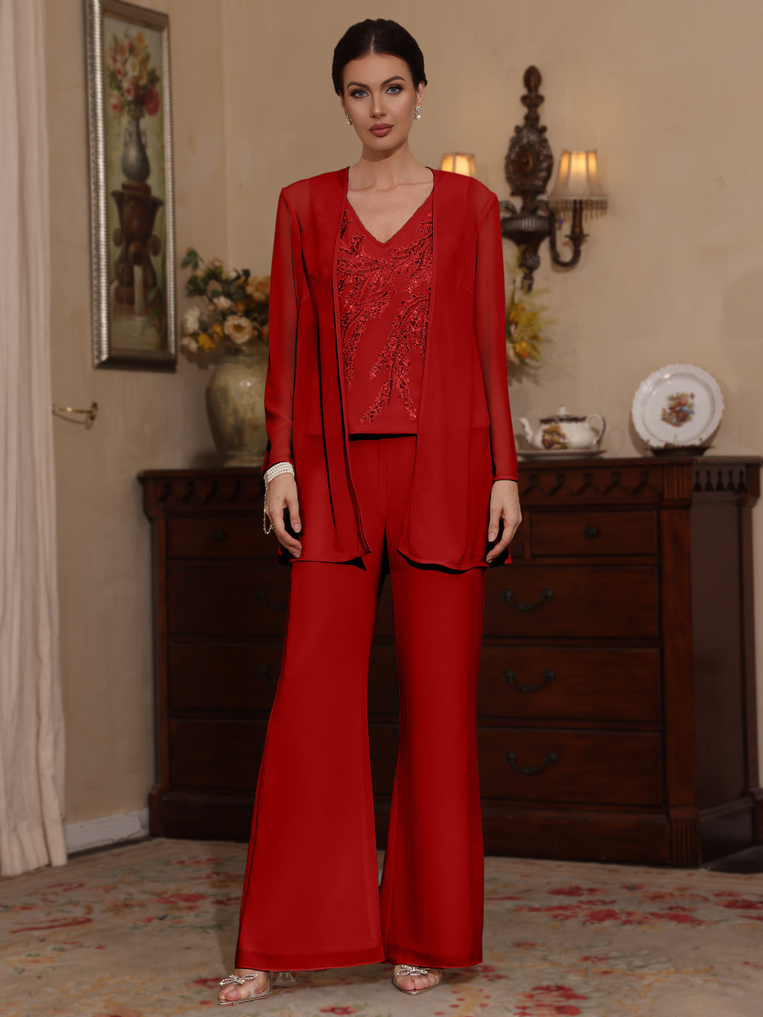 3 Pieces V-Neck Chiffon Mother of the Bride Pantsuits with Jacket Sequins Ankle-Length Long Sleeves