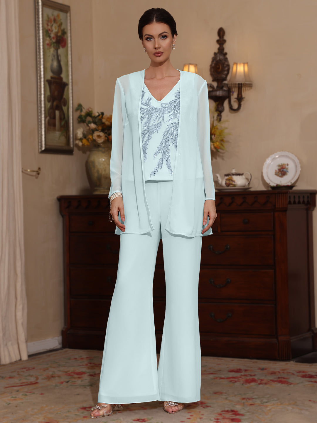3 Pieces V-Neck Chiffon Mother of the Bride Pantsuits with Jacket Sequins Ankle-Length Long Sleeves