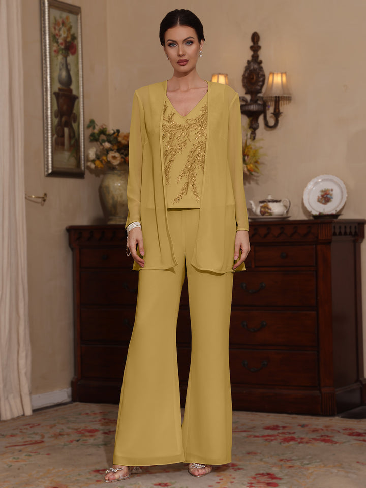 3 Pieces V-Neck Chiffon Mother of the Bride Pantsuits with Jacket Sequins Ankle-Length Long Sleeves