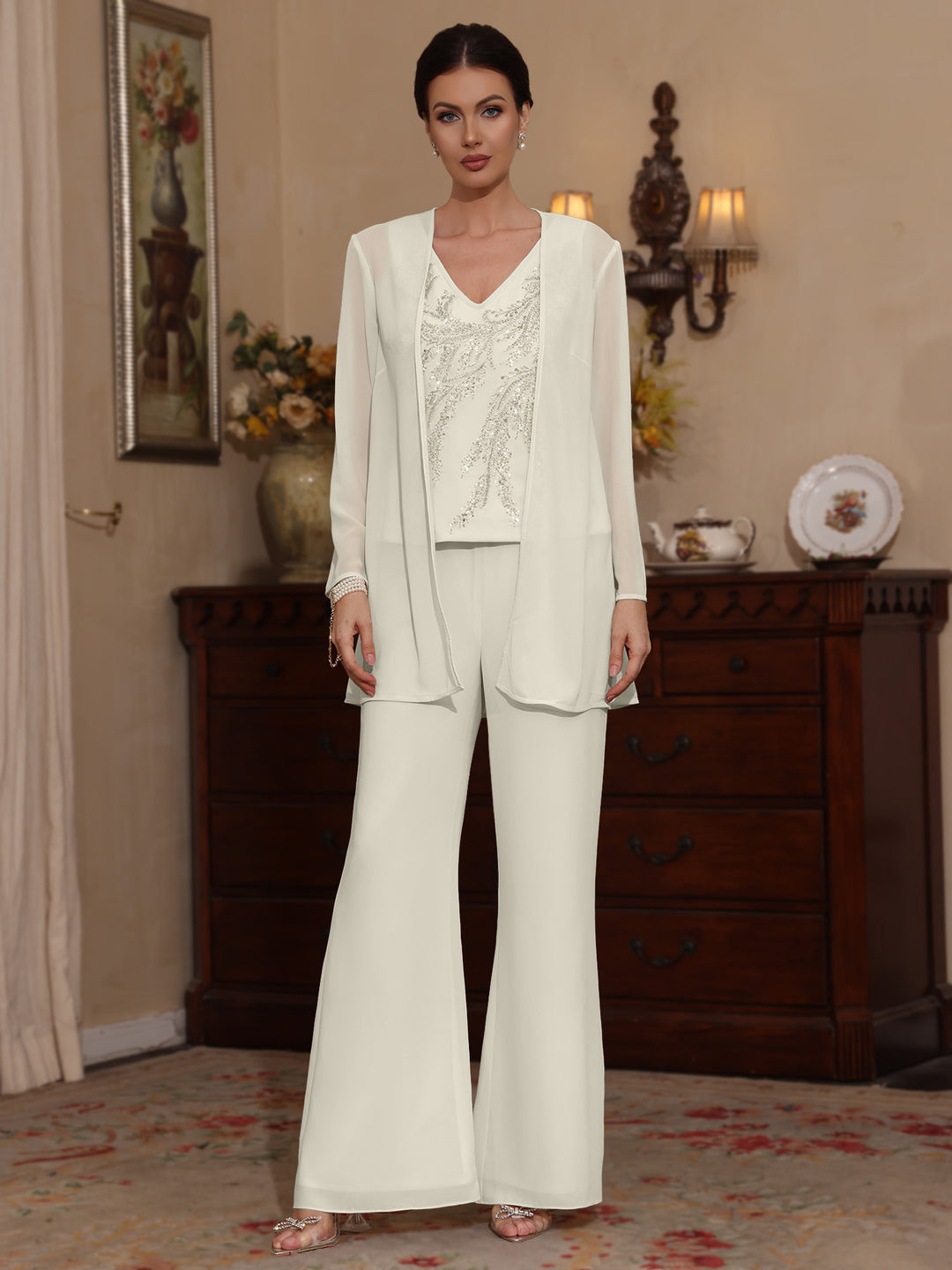 3 Pieces V-Neck Chiffon Mother of the Bride Pantsuits with Jacket Sequins Ankle-Length Long Sleeves