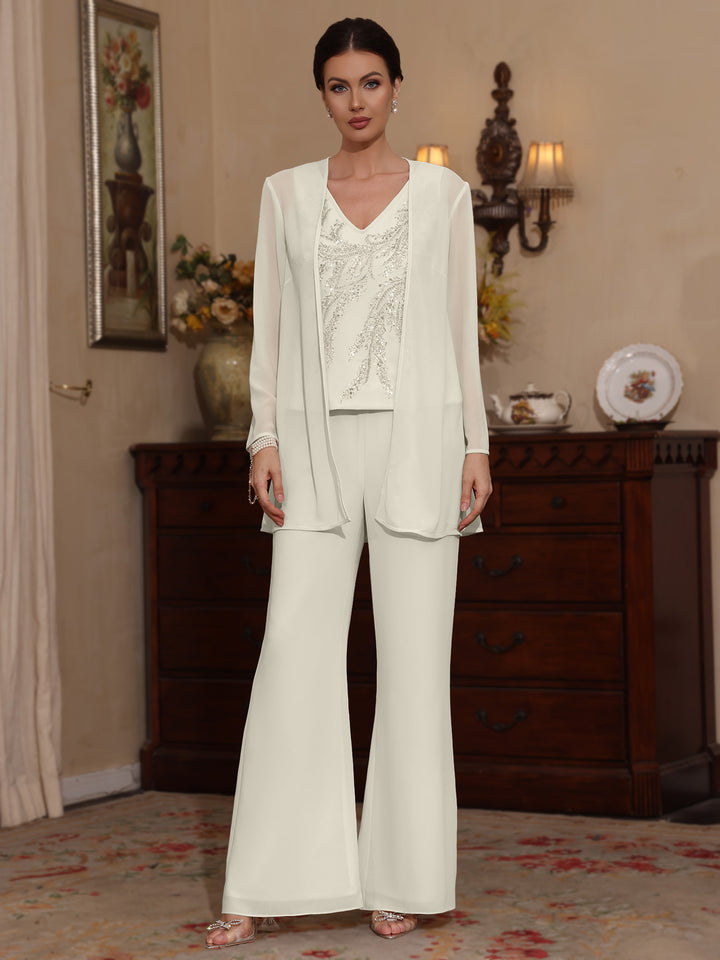 3 Pieces V-Neck Chiffon Mother of the Bride Pantsuits with Jacket Sequins Ankle-Length Long Sleeves
