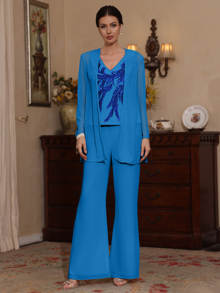 3 Pieces V-Neck Chiffon Mother of the Bride Pantsuits with Jacket Sequins Ankle-Length Long Sleeves
