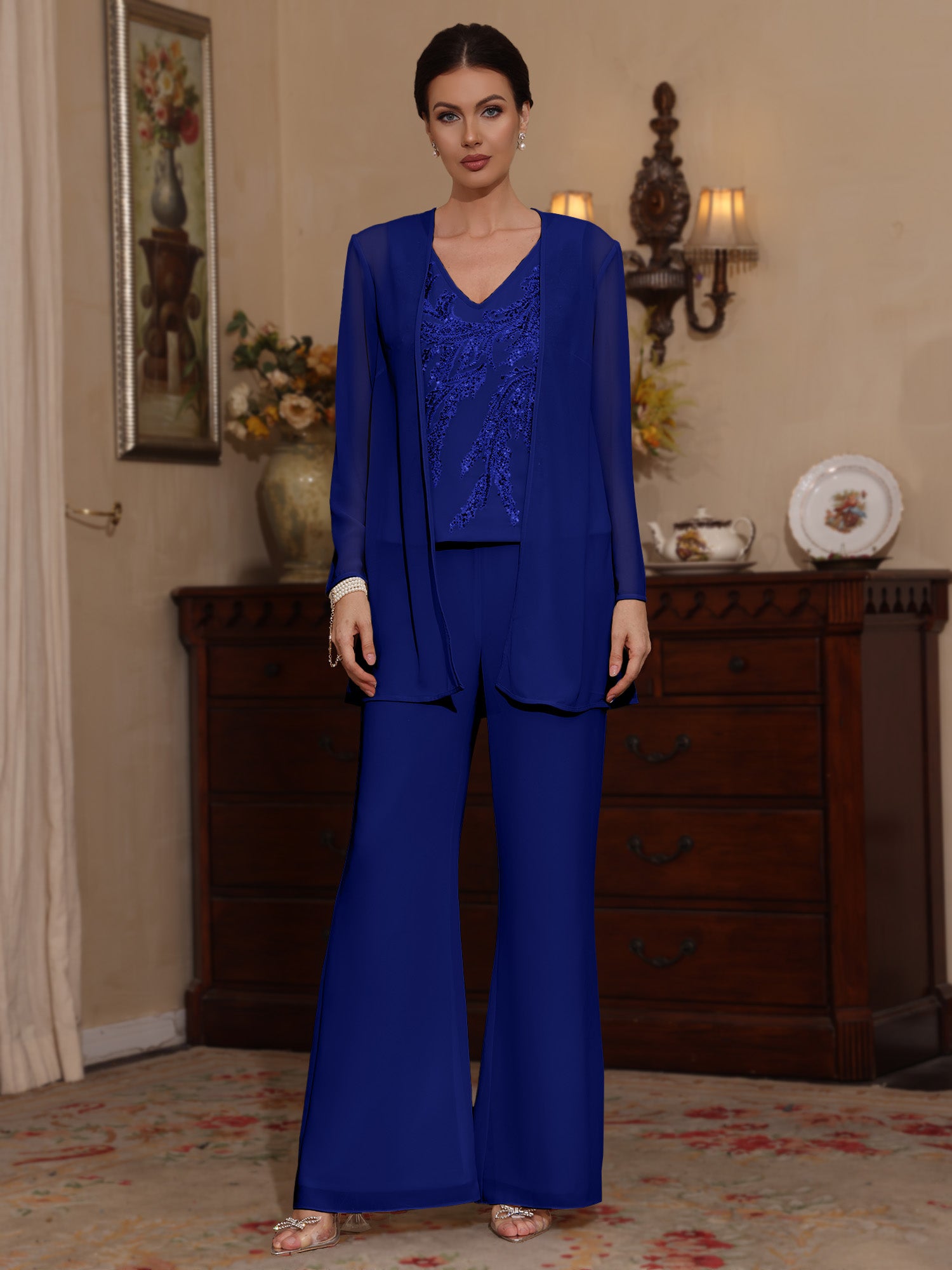 3 Pieces V-Neck Chiffon Mother of the Bride Pantsuits with Jacket