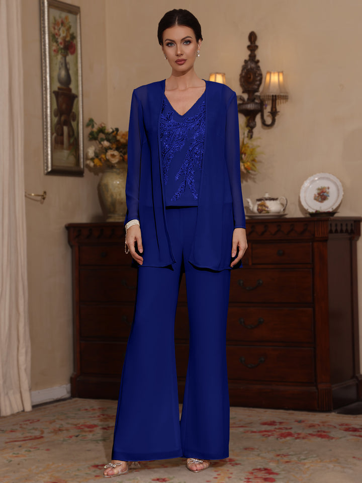 3 Pieces V-Neck Chiffon Mother of the Bride Pantsuits with Jacket Sequins Ankle-Length Long Sleeves