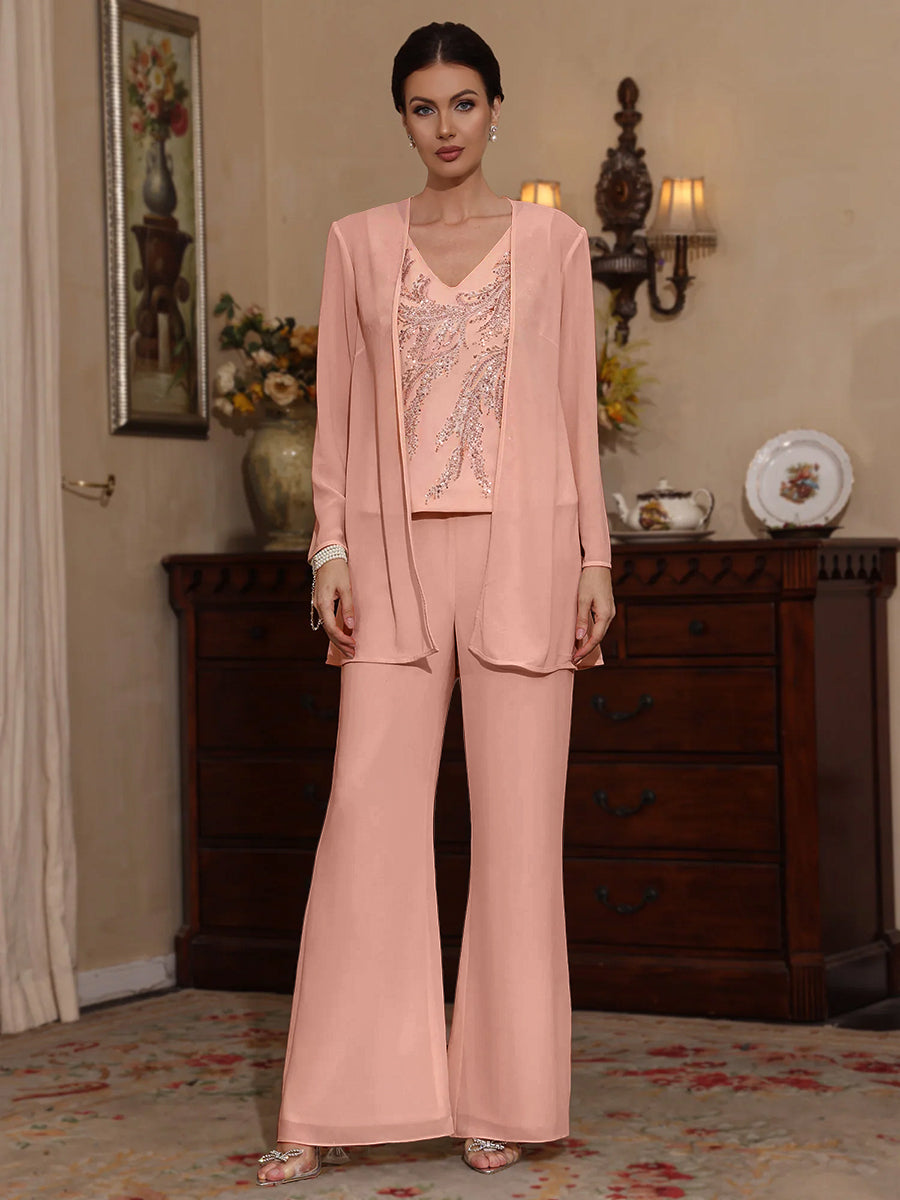 3 Pieces V-Neck Chiffon Mother of the Bride Pantsuits with Jacket