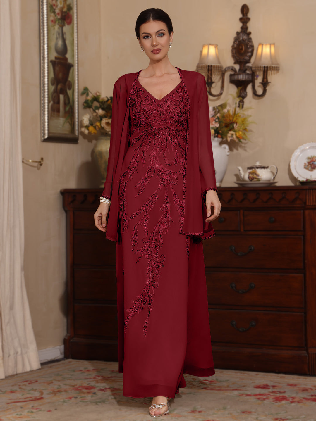 2 Pieces A-Line/Princess V-Neck Chiffon Mother of the Bride Dresses with Jacket Sequins Ankle-Length Long Sleeves Red 2 Pieces A-Line/Princess V-Neck Chiffon Mother of the Bride Dresses with Jacket Sequins Ankle-Length Long Sleeves Red