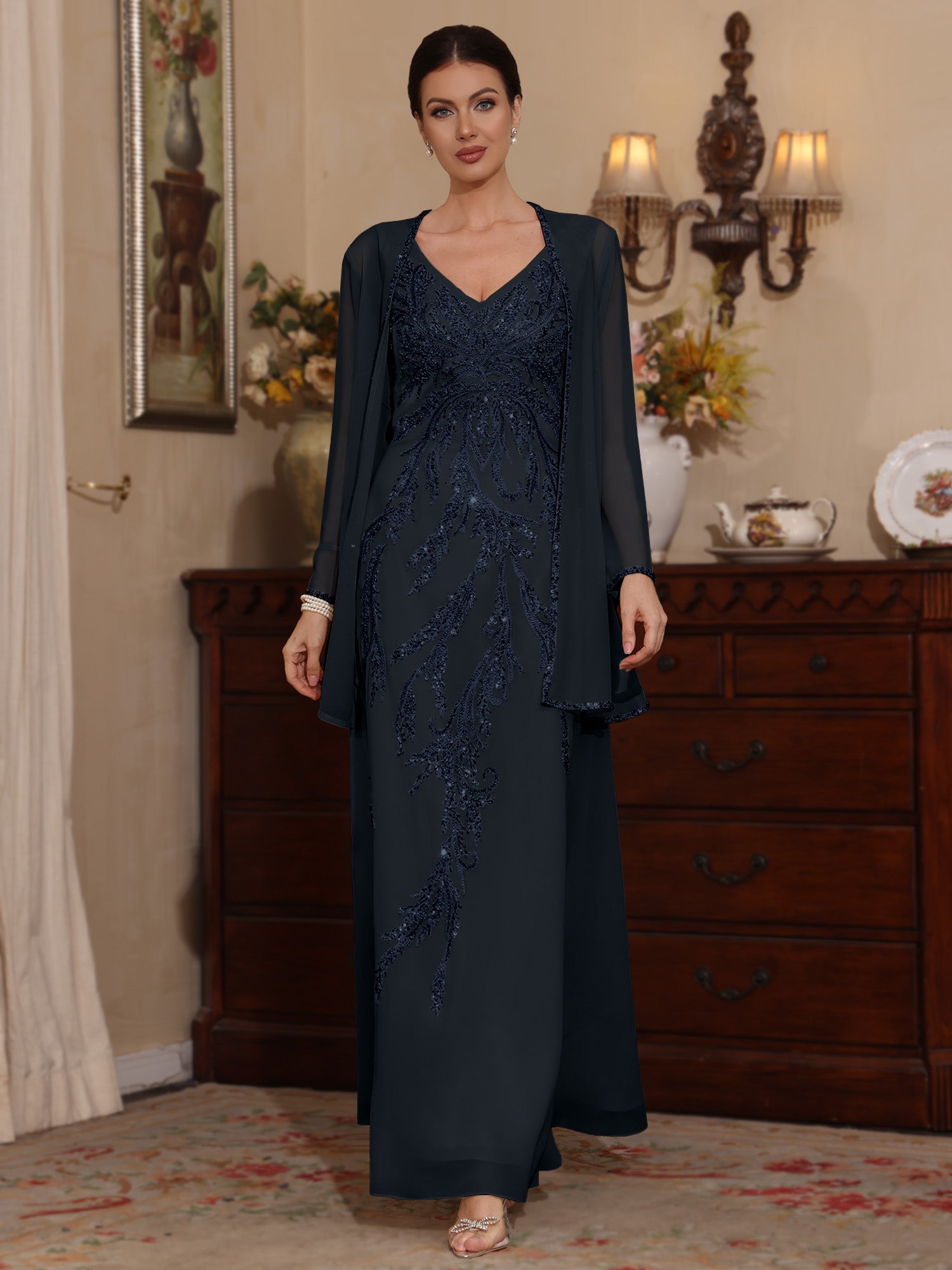 2 Pieces A-Line/Princess V-Neck Chiffon Mother of the Bride