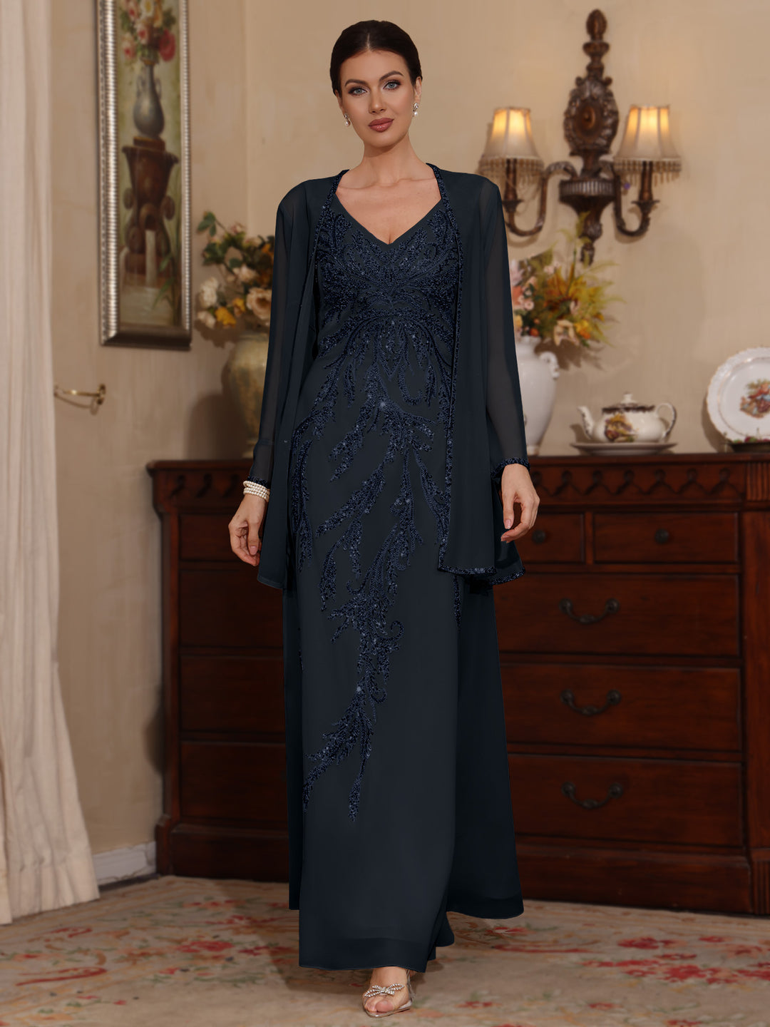 2 Pieces A-Line/Princess V-Neck Chiffon Mother of the Bride Dresses with Jacket Sequins Ankle-Length Long Sleeves