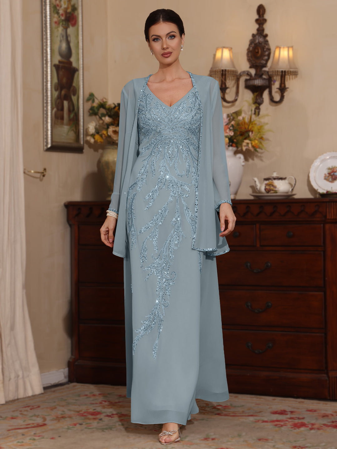 2 Pieces A-Line/Princess V-Neck Chiffon Mother of the Bride Dresses wi - Mondressy 2 Pieces A-Line/Princess V-Neck Chiffon Mother of the Bride Dresses wi - Mondressy