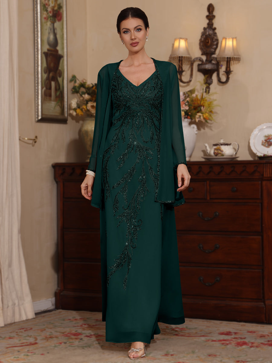 Mondressy's Peacock A-line chiffon mother of the bride dress with sequined V-neck bodice, matching long-sleeved jacket, and ankle-length princess silhouette image.