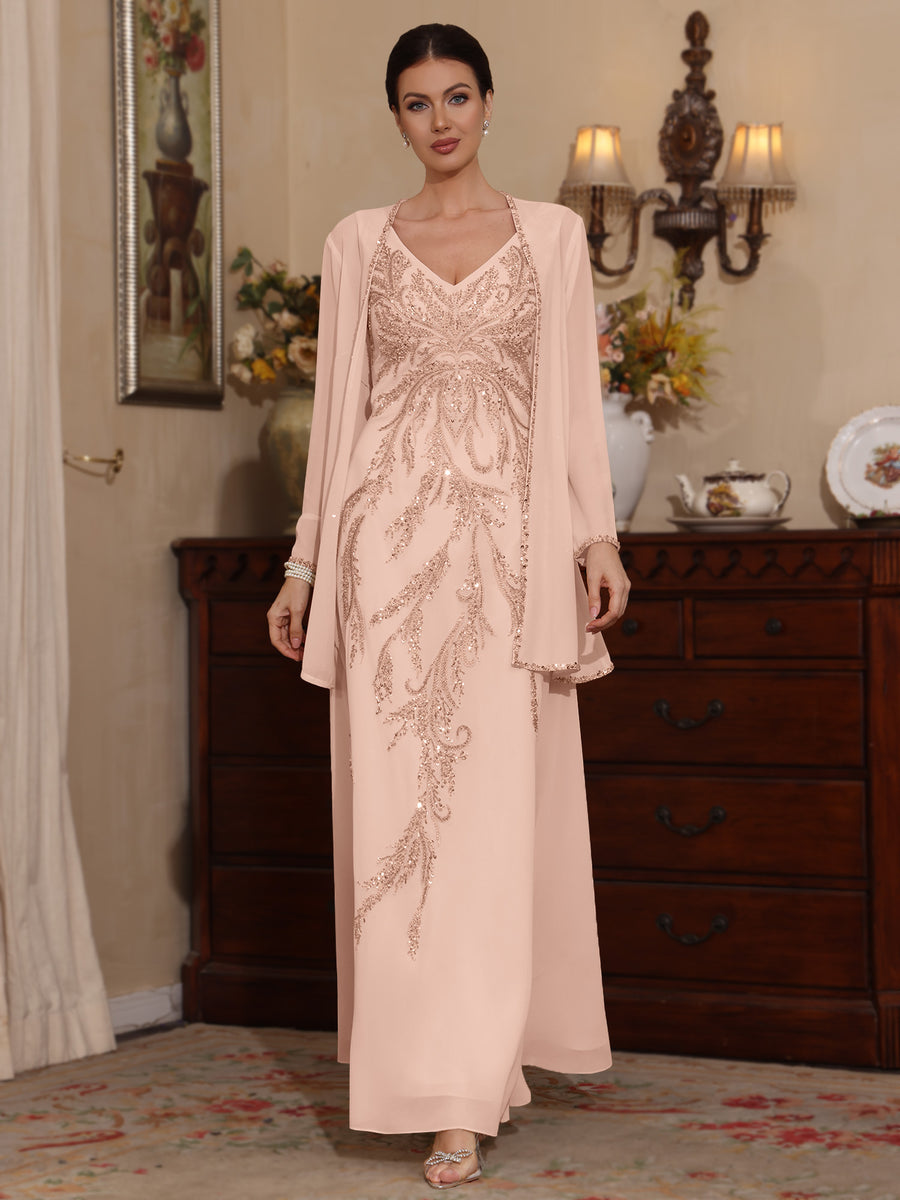 Mondressy's Petal A-line chiffon mother of the bride dress with sequined V-neck bodice, matching long-sleeved jacket, and ankle-length princess silhouette image.