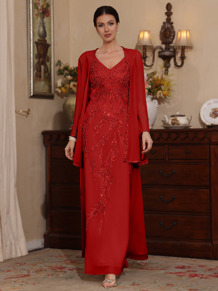 Mondressy's Red A-line chiffon mother of the bride dress with sequined V-neck bodice, matching long-sleeved jacket, and ankle-length princess silhouette image.