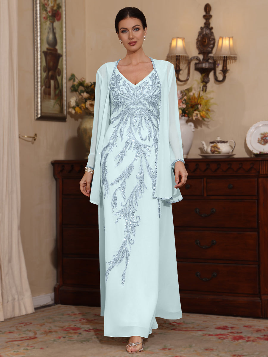 Mondressy's Sky Blue A-line chiffon mother of the bride dress with sequined V-neck bodice, matching long-sleeved jacket, and ankle-length princess silhouette image.
