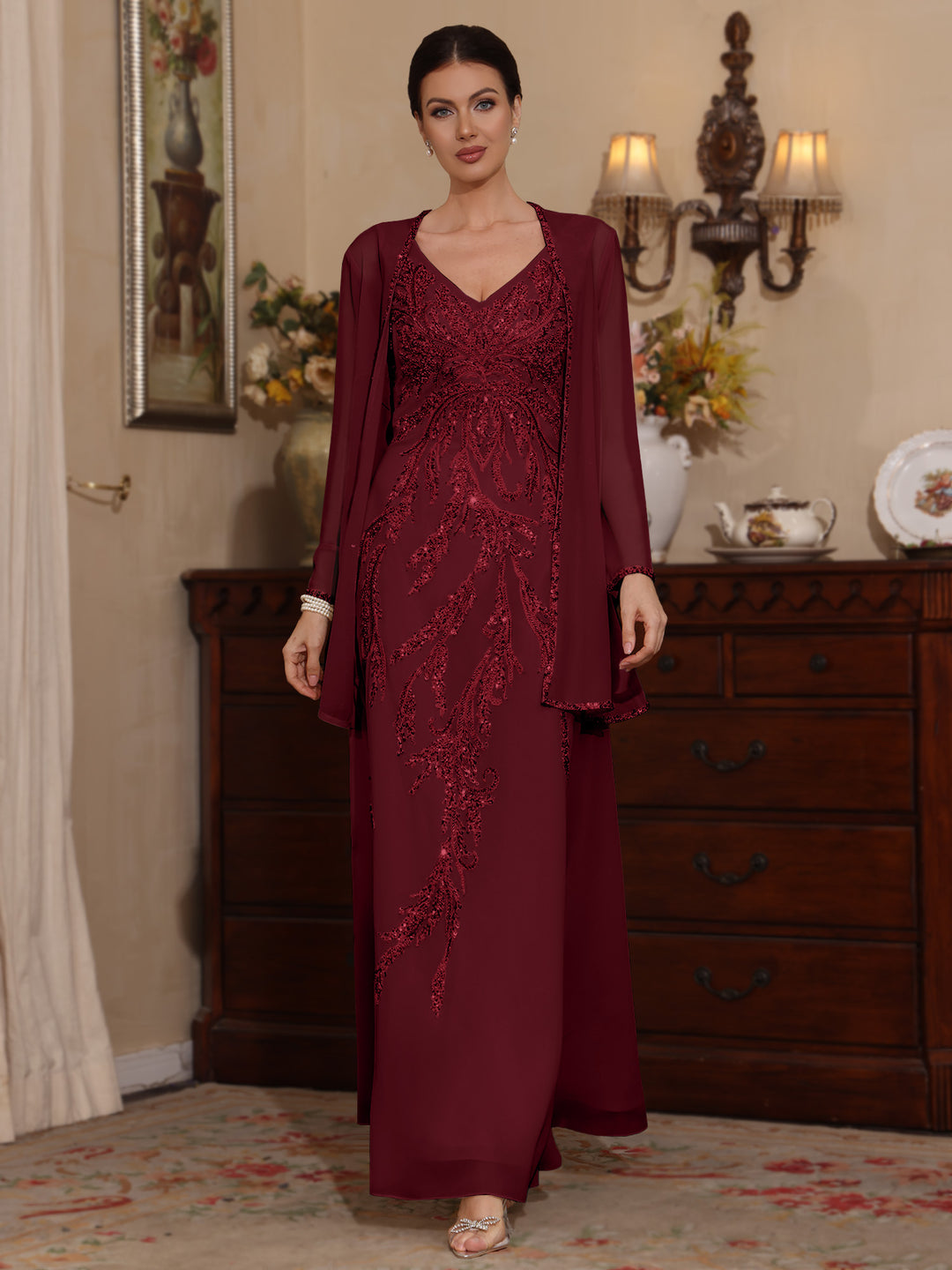 2 Pieces A-Line/Princess V-Neck Chiffon Mother of the Bride Dresses with Jacket Sequins Ankle-Length Long Sleeves Red 2 Pieces A-Line/Princess V-Neck Chiffon Mother of the Bride Dresses with Jacket Sequins Ankle-Length Long Sleeves Red