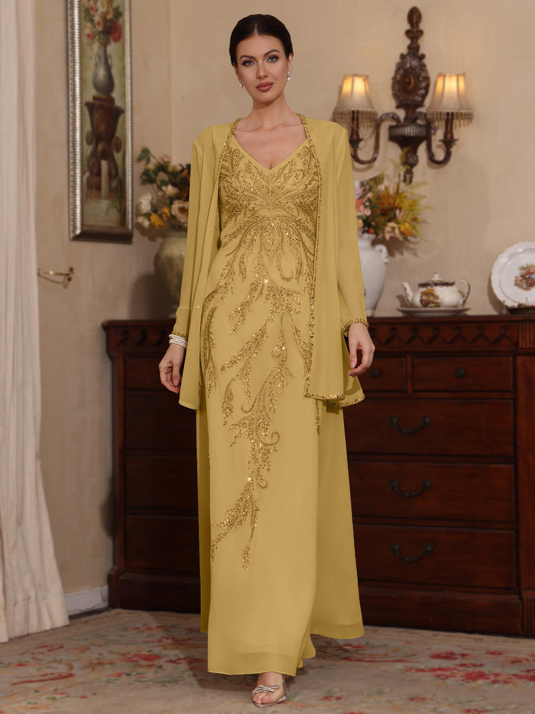 2 Pieces A-Line/Princess V-Neck Chiffon Mother of the Bride Dresses with Jacket Sequins Ankle-Length Long Sleeves Pearl Pink 2 Pieces A-Line/Princess V-Neck Chiffon Mother of the Bride Dresses with Jacket Sequins Ankle-Length Long Sleeves Pearl Pink