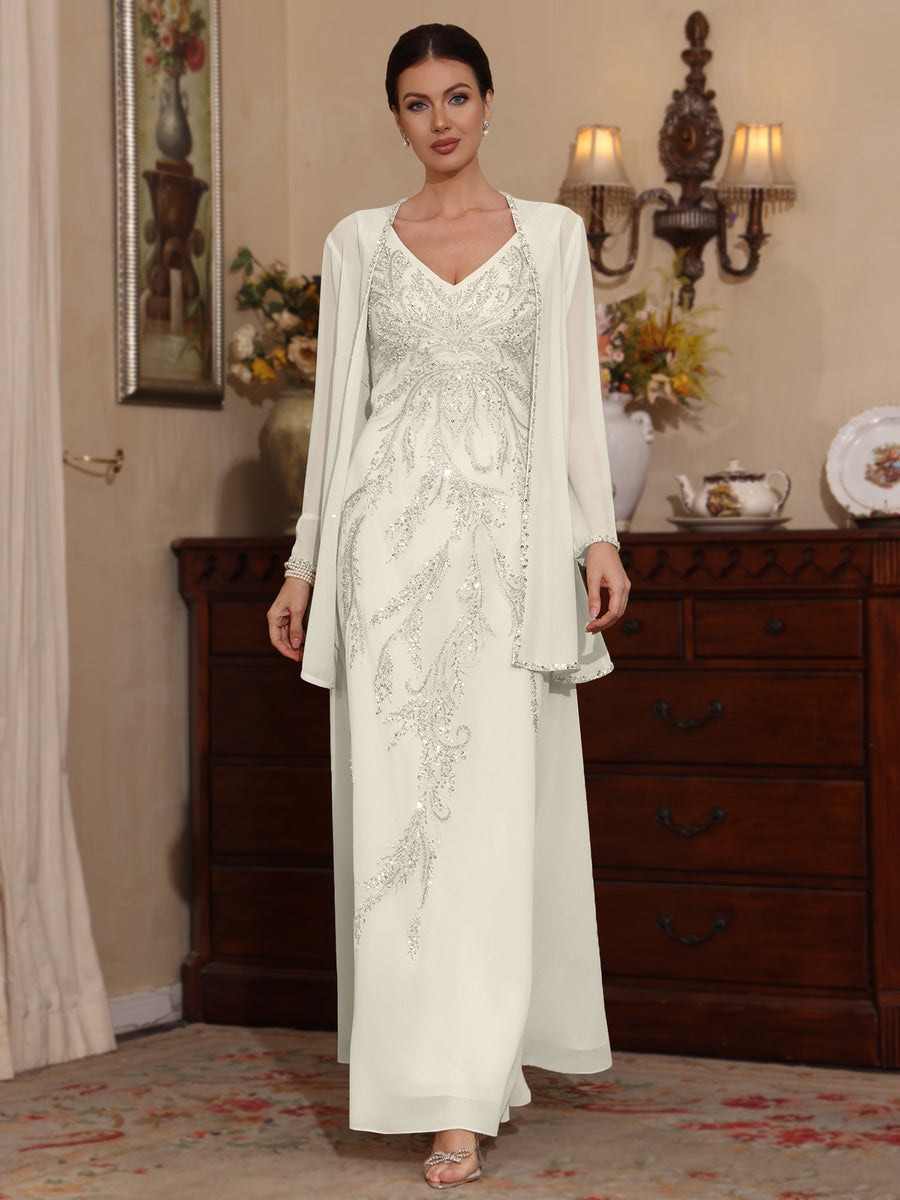 Mondressy's Ivory A-line chiffon mother of the bride dress with sequined V-neck bodice, matching long-sleeved jacket, and ankle-length princess silhouette image.