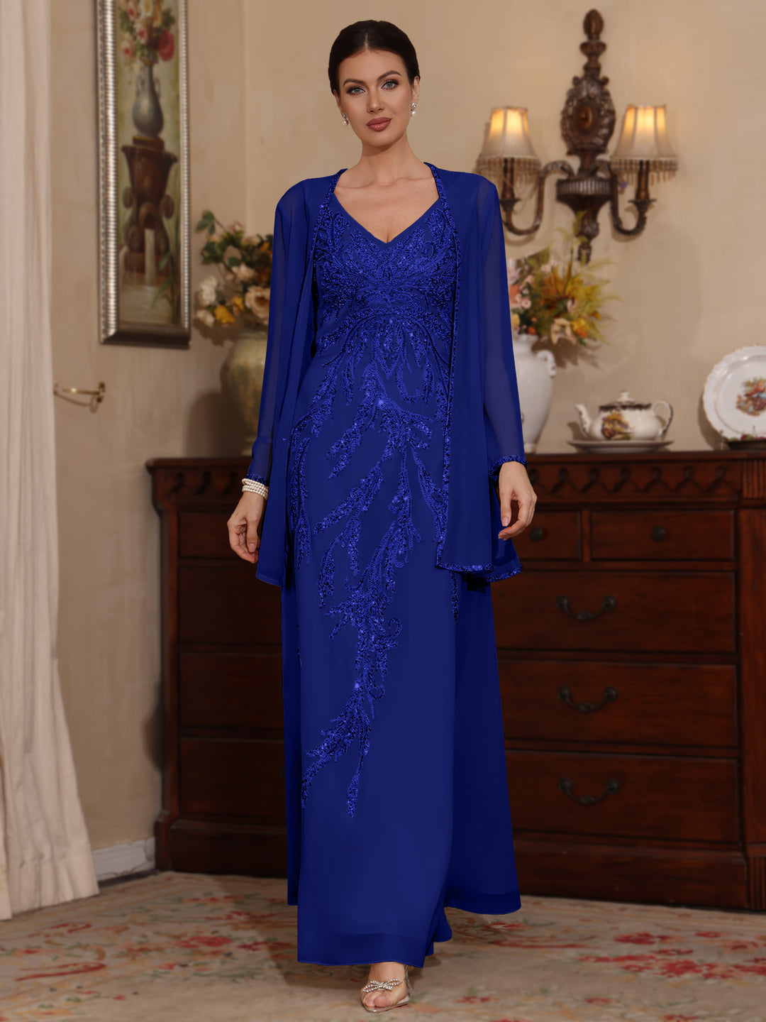 2 Pieces A-Line/Princess V-Neck Chiffon Mother of the Bride Dresses with Jacket Sequins Ankle-Length Long Sleeves