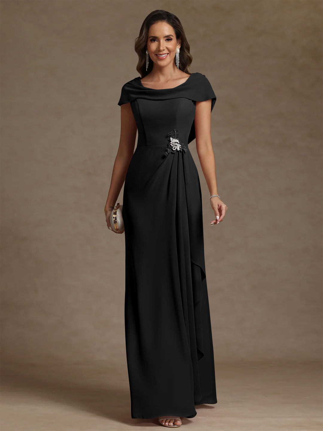 Sheath/Column Cowl Neck Chiffon Mother of the Bride Dresses Rhinestone Floor-Length Ruffles Sleeveless