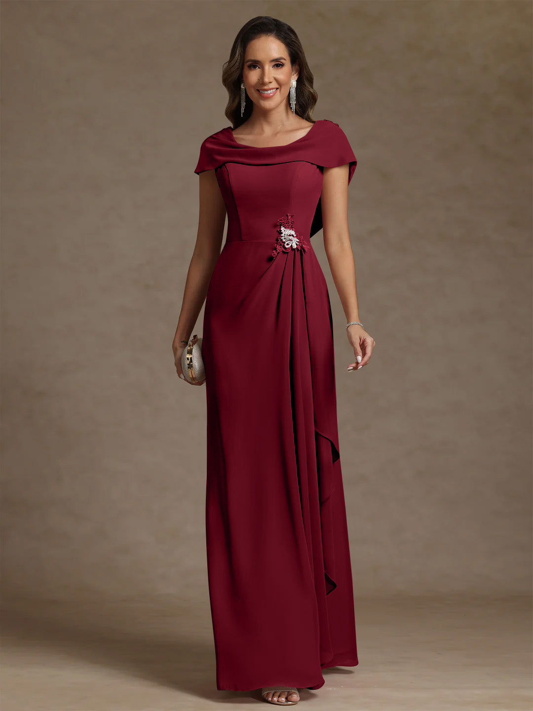 Sheath/Column Cowl Neck Chiffon Mother of the Bride Dresses Rhinestone Floor-Length Ruffles Sleeveless