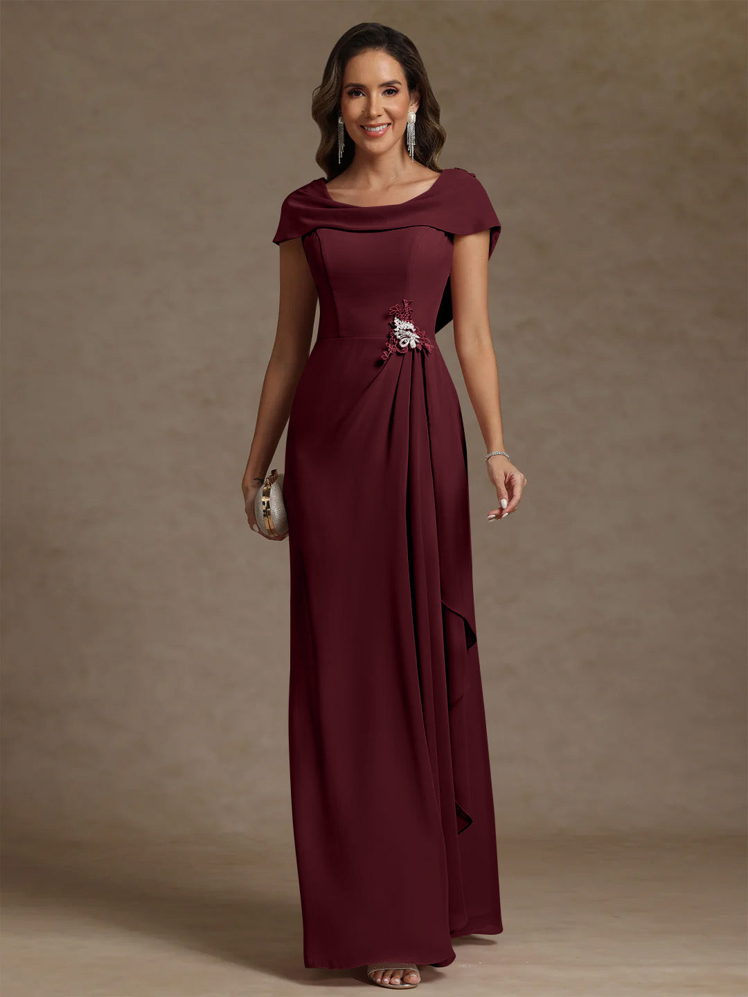 Sheath/Column Cowl Neck Chiffon Mother of the Bride Dresses Rhinestone Floor-Length Ruffles Sleeveless