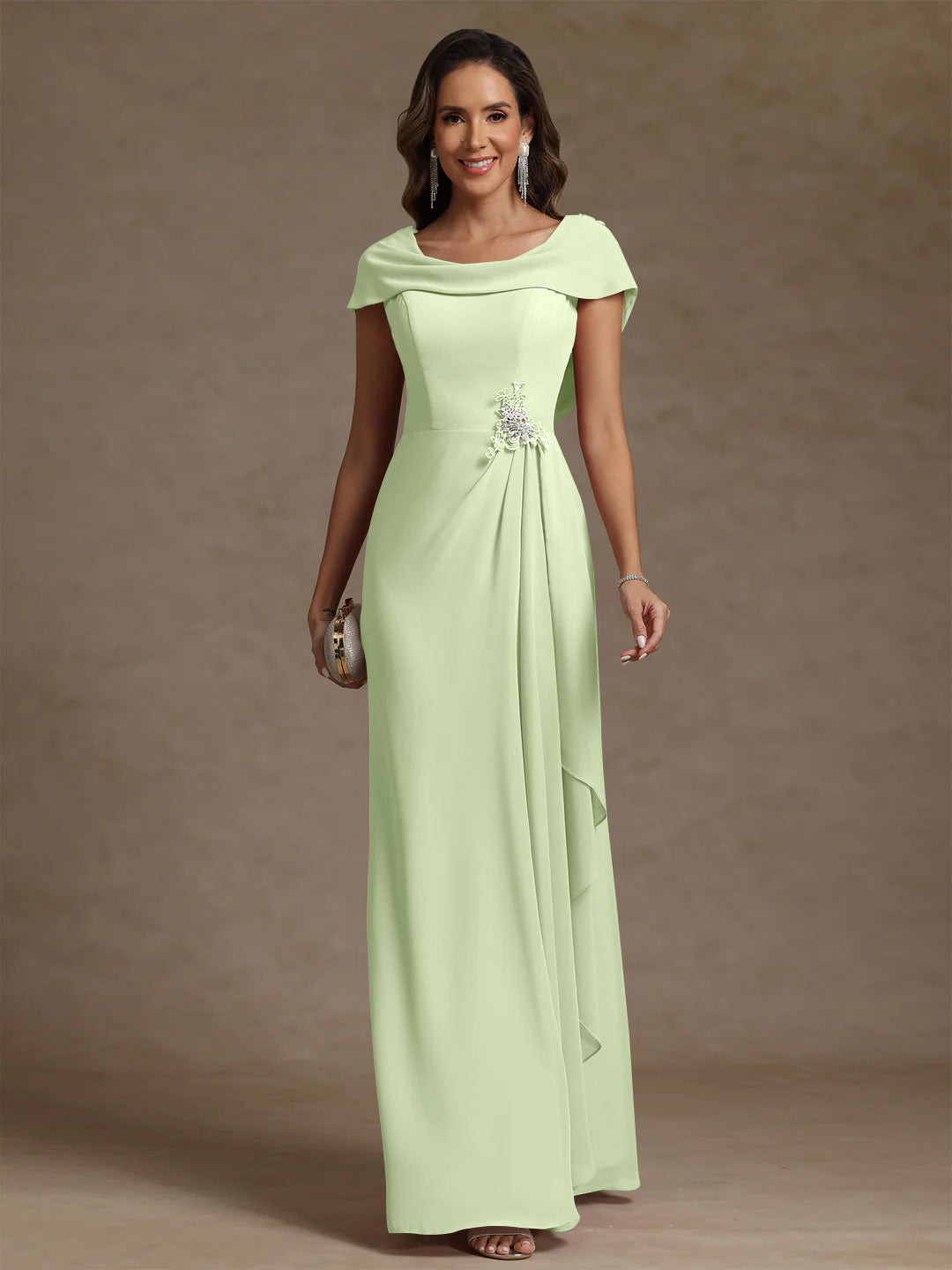 Sheath/Column Cowl Neck Chiffon Mother of the Bride Dresses Rhinestone Floor-Length Ruffles Sleeveless