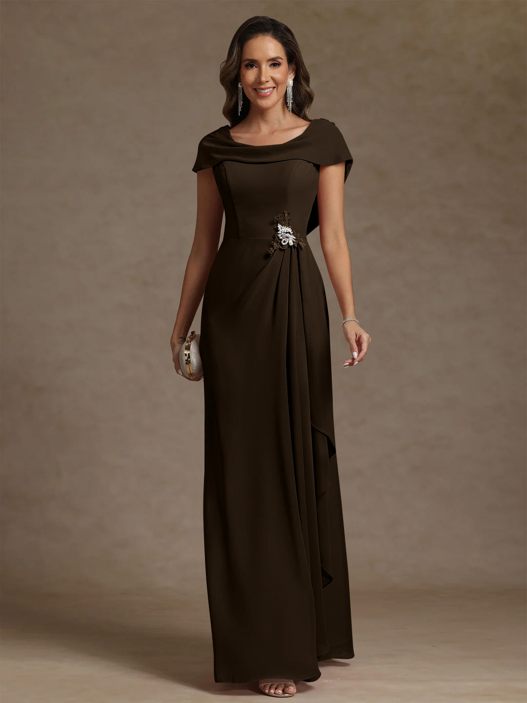 Sheath/Column Cowl Neck Chiffon Mother of the Bride Dresses Rhinestone Floor-Length Ruffles Sleeveless