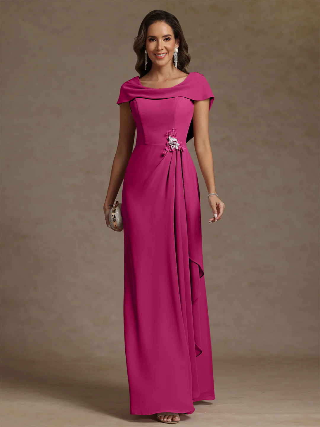 Sheath/Column Cowl Neck Chiffon Mother of the Bride Dresses Rhinestone Floor-Length Ruffles Sleeveless