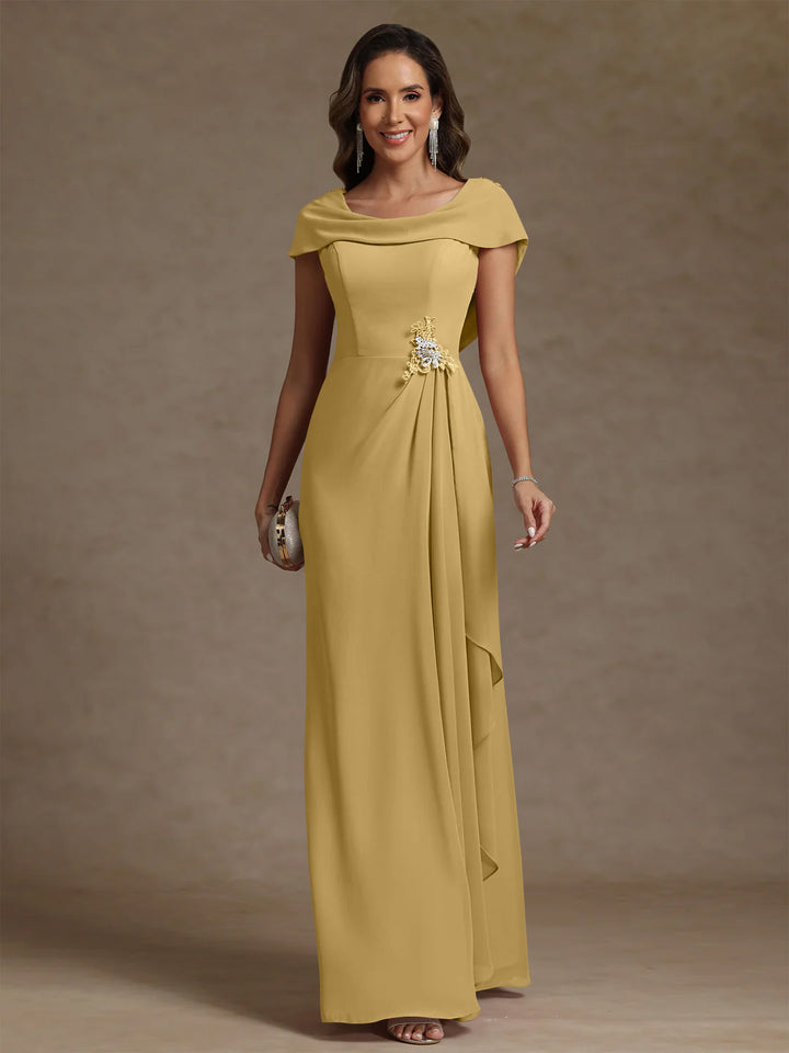 Sheath/Column Cowl Neck Chiffon Mother of the Bride Dresses Rhinestone Floor-Length Ruffles Sleeveless