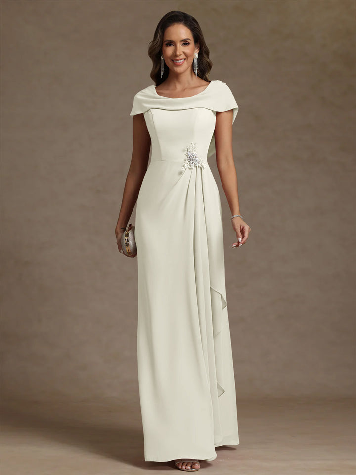 Sheath/Column Cowl Neck Chiffon Mother of the Bride Dresses Rhinestone Floor-Length Ruffles Sleeveless