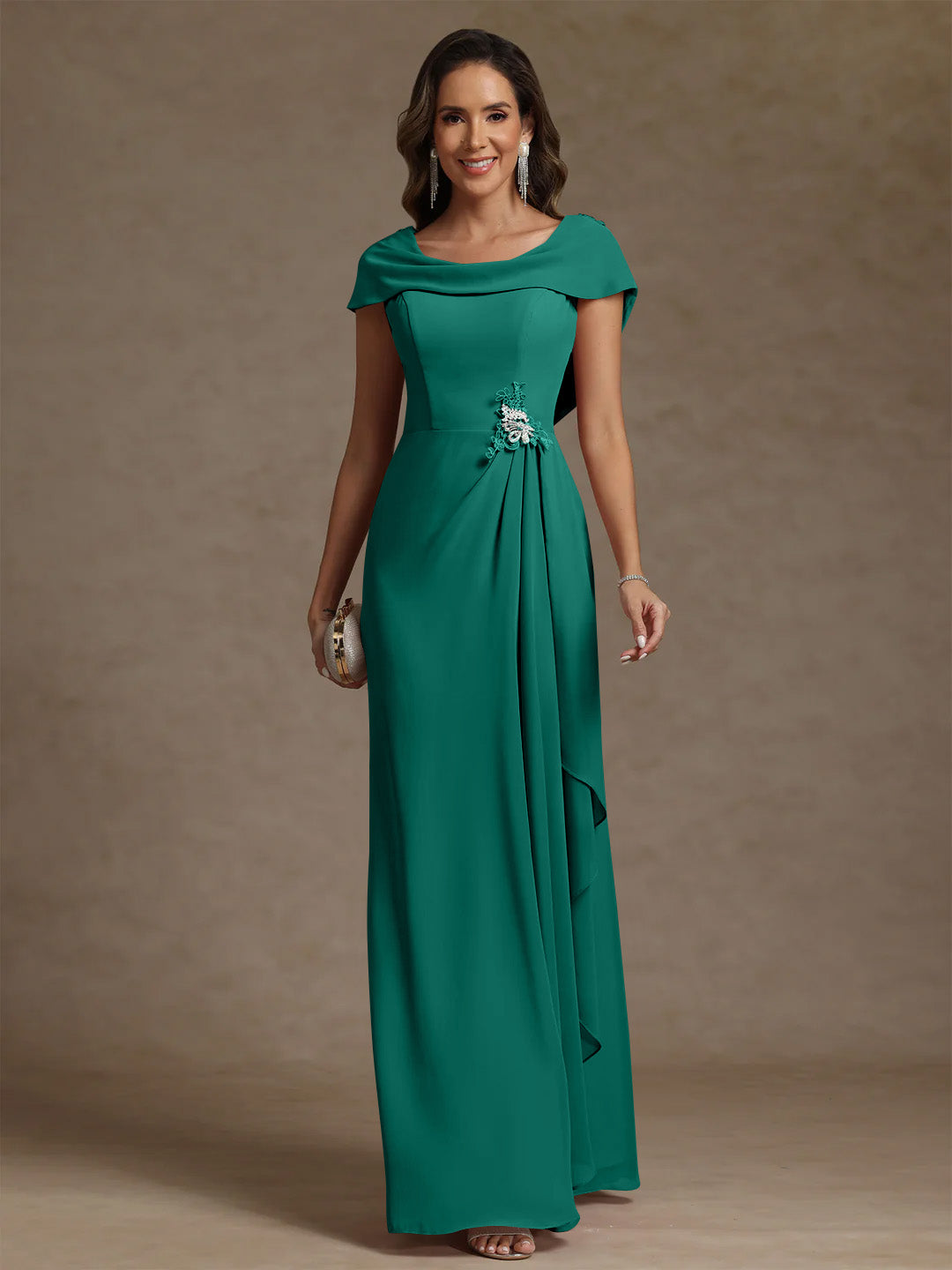 Sheath/Column Cowl Neck Chiffon Mother of the Bride Dresses Rhinestone Floor-Length Ruffles Sleeveless