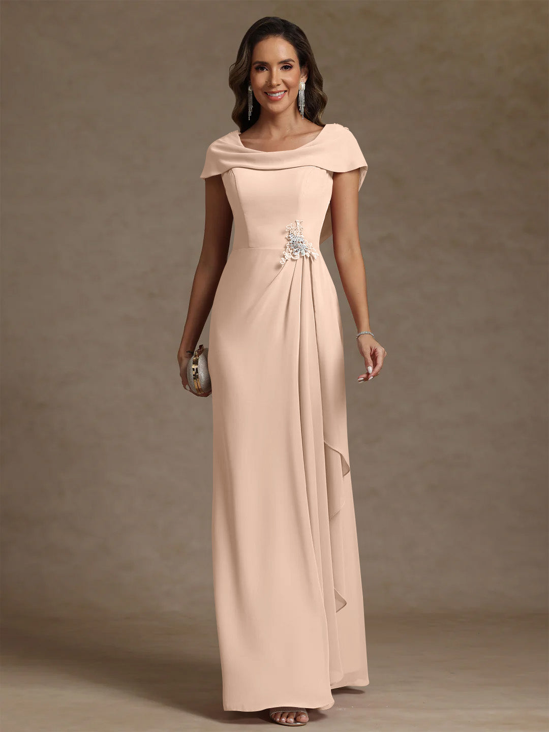 Sheath/Column Cowl Neck Chiffon Mother of the Bride Dresses Rhinestone Floor-Length Ruffles Sleeveless