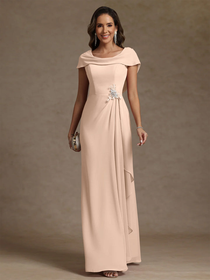 Sheath/Column Cowl Neck Chiffon Mother of the Bride Dresses Rhinestone Floor-Length Ruffles Sleeveless