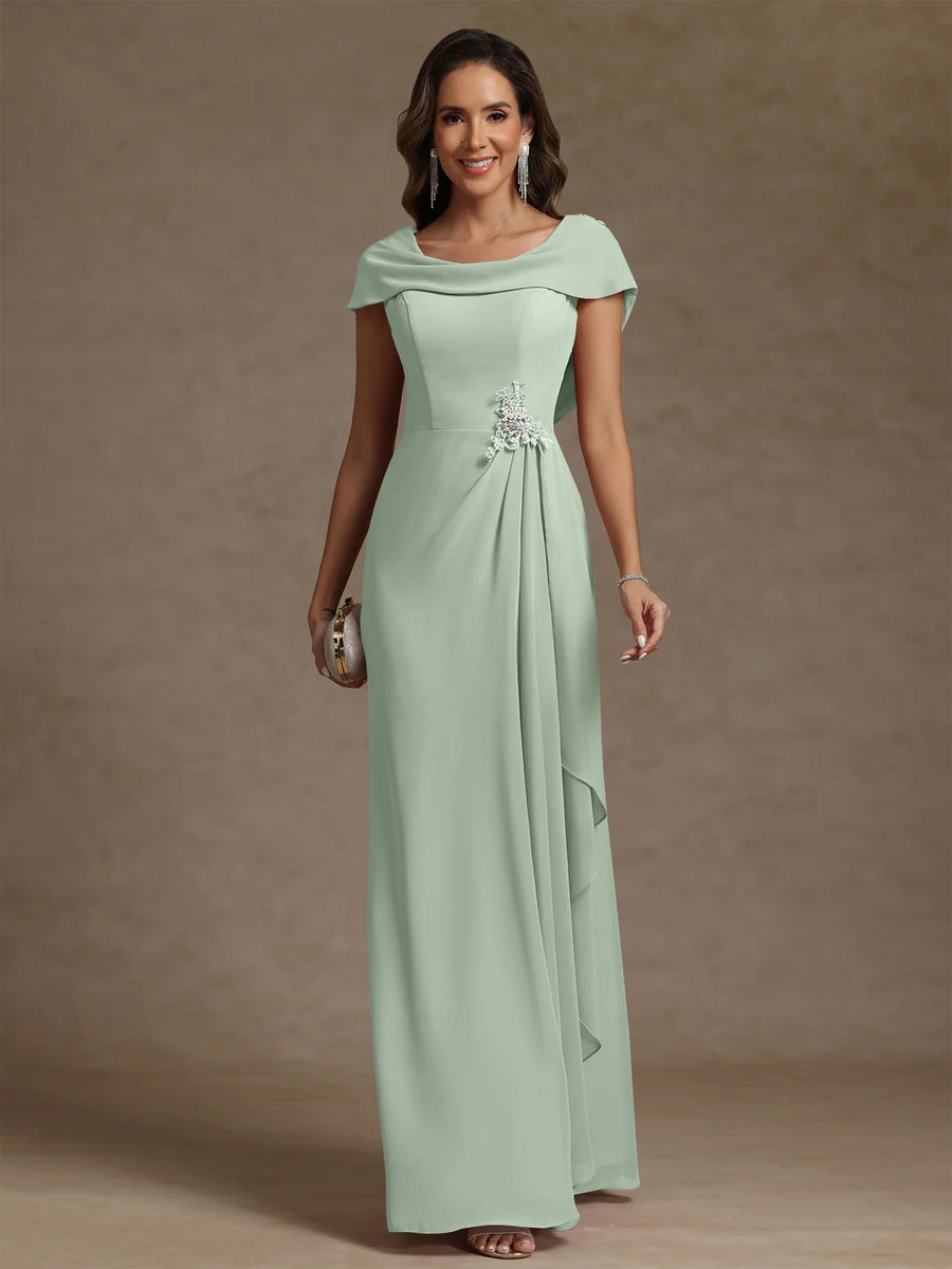 Sheath/Column Cowl Neck Chiffon Mother of the Bride Dresses Rhinestone Floor-Length Ruffles Sleeveless