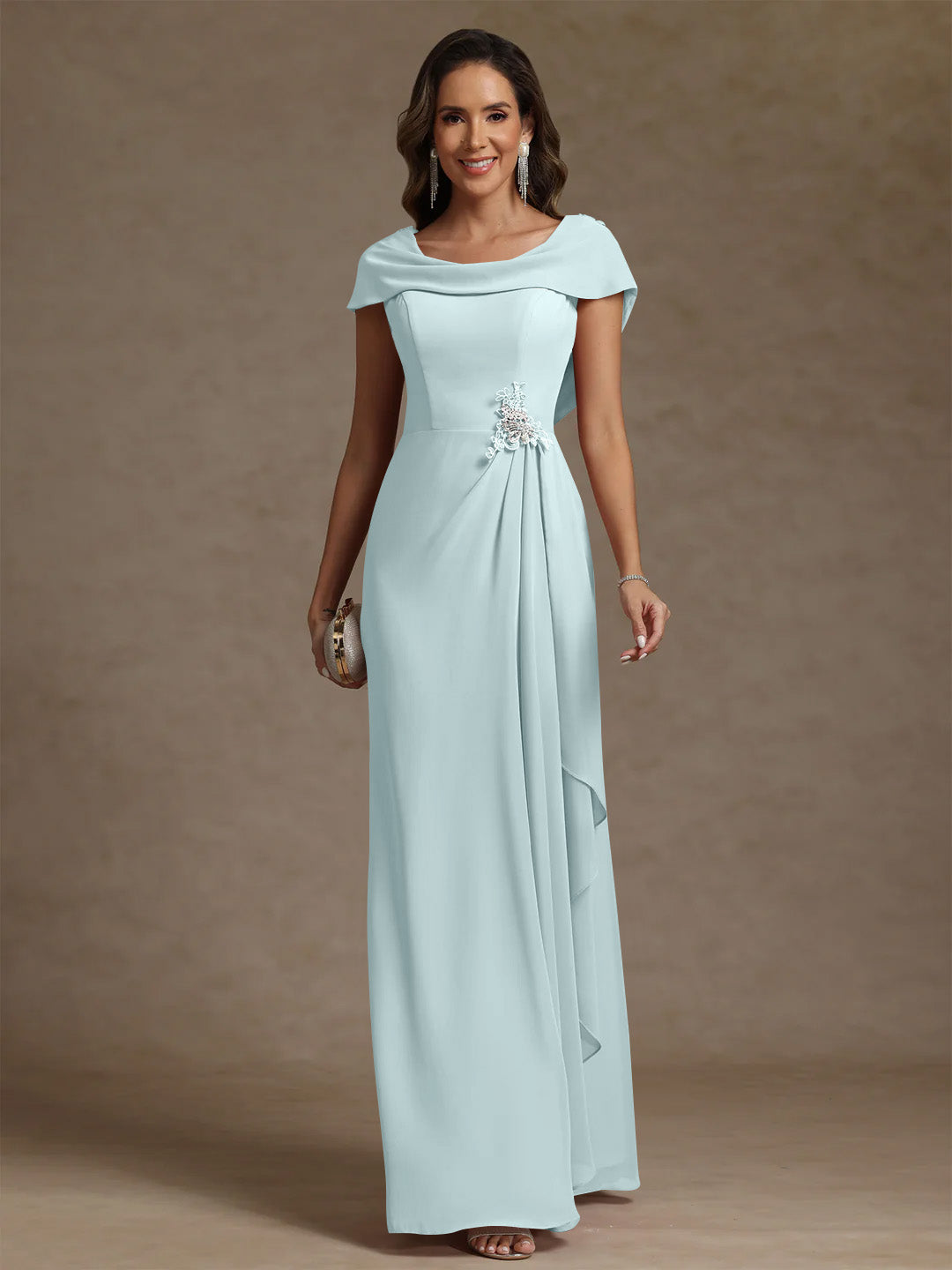 Sheath/Column Cowl Neck Chiffon Mother of the Bride Dresses Rhinestone Floor-Length Ruffles Sleeveless