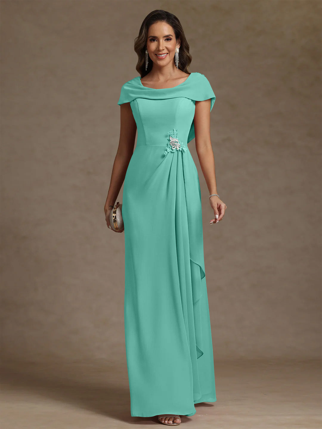 Sheath/Column Cowl Neck Chiffon Mother of the Bride Dresses Rhinestone Floor-Length Ruffles Sleeveless