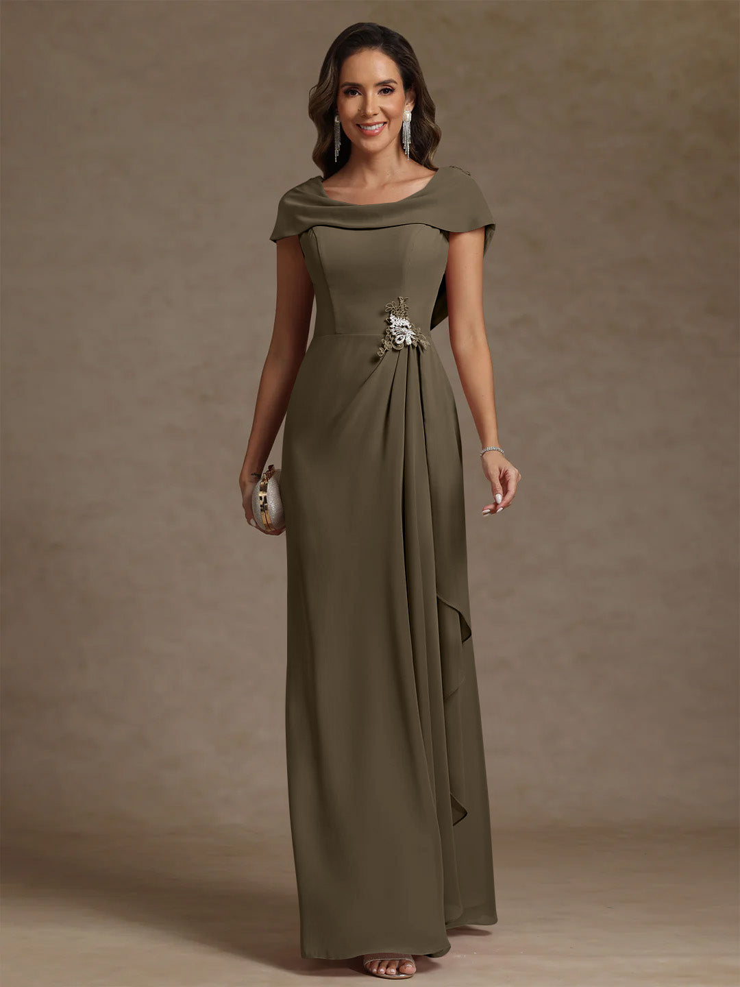 Sheath/Column Cowl Neck Chiffon Mother of the Bride Dresses Rhinestone Floor-Length Ruffles Sleeveless