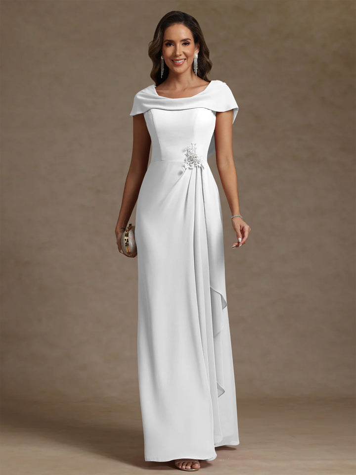 Sheath/Column Cowl Neck Chiffon Mother of the Bride Dresses Rhinestone Floor-Length Ruffles Sleeveless