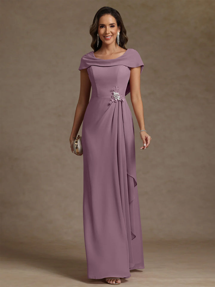 Sheath/Column Cowl Neck Chiffon Mother of the Bride Dresses Rhinestone Floor-Length Ruffles Sleeveless