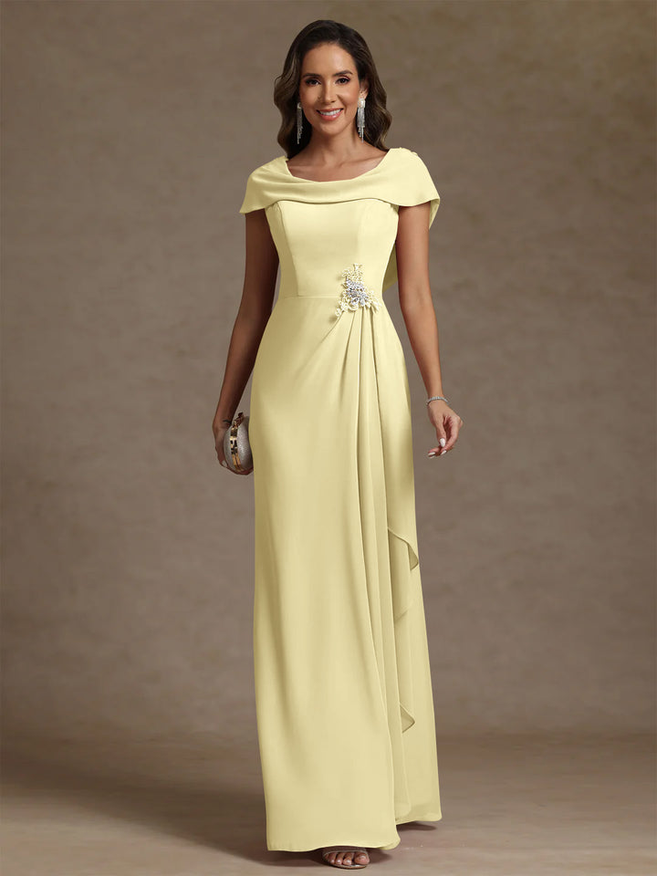 Sheath/Column Cowl Neck Chiffon Mother of the Bride Dresses Rhinestone Floor-Length Ruffles Sleeveless