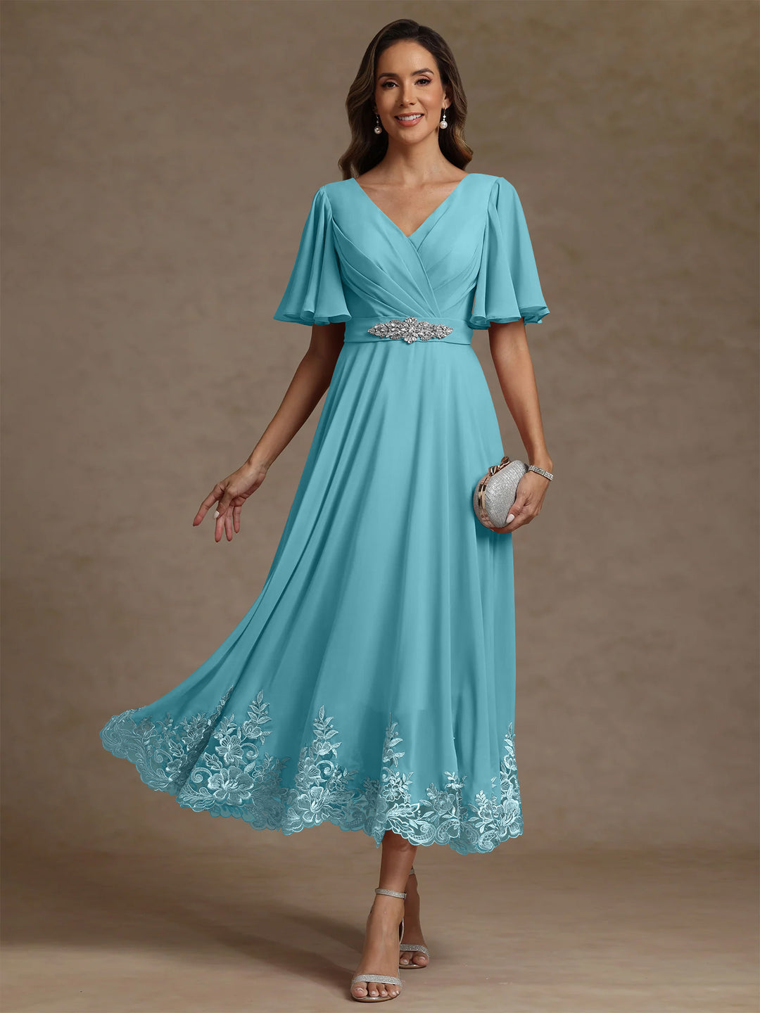 A-Line/Princess V Neck Mother of the Bride Dresses Short Sleeves Chiffon Lace Tea Length with Sash