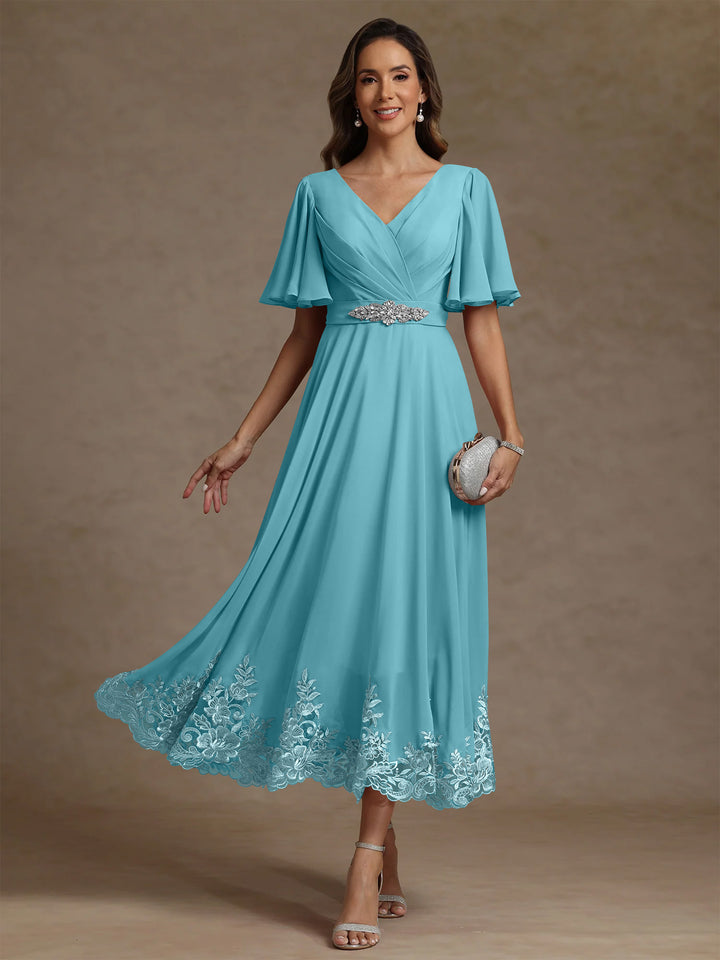 A-Line/Princess V Neck Mother of the Bride Dresses Short Sleeves Chiffon Lace Tea Length with Sash