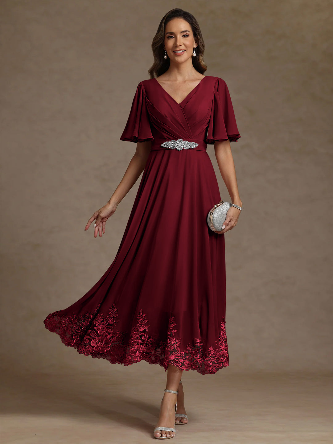 mother of the bride dresses tea length burgundy AW.Bridal A-line V-Neck Tea Length Short Sleeves Satin Mother of the Bride Dresses Dress Burgundy Size 18