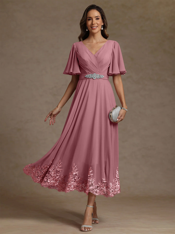 A-Line/Princess V Neck Mother of the Bride Dresses Short Sleeves Chiffon Lace Tea Length with Sash