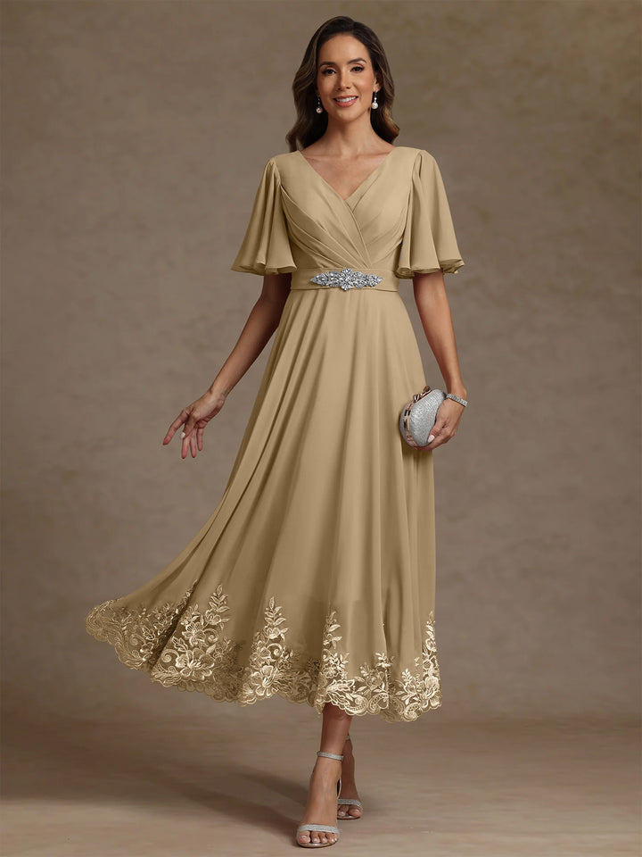 A-Line/Princess V Neck Mother of the Bride Dresses Short Sleeves Chiffon Lace Tea Length with Sash