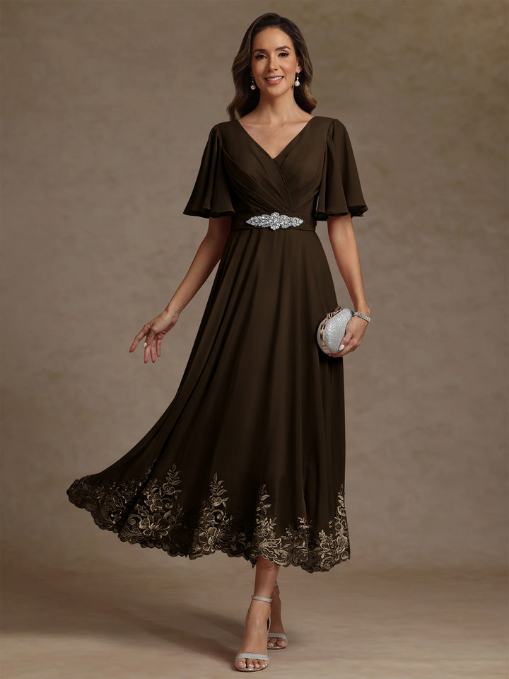 A-Line/Princess V Neck Mother of the Bride Dresses Short Sleeves Chiffon Lace Tea Length with Sash