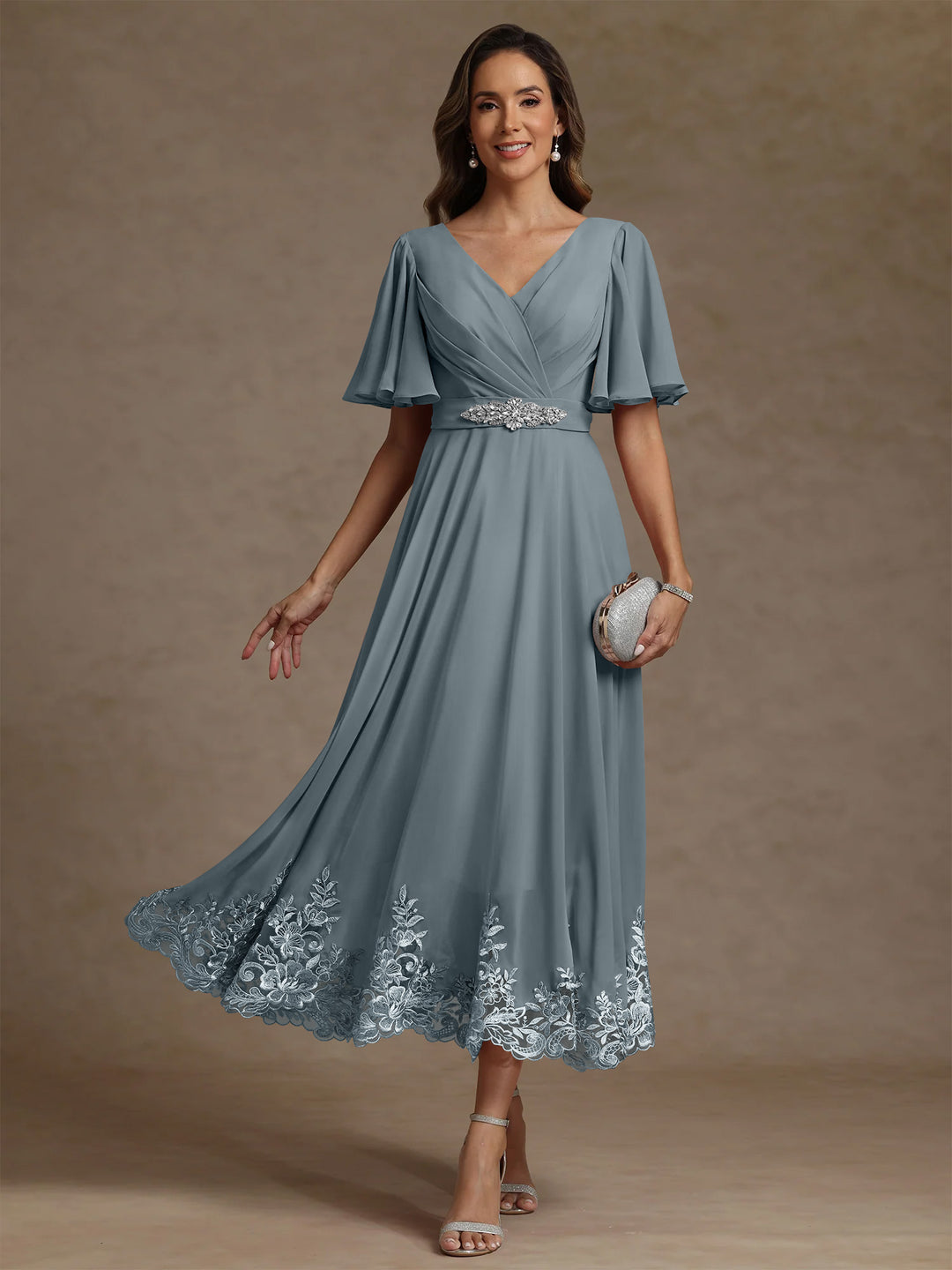 silver tea length mother of the bride dresses Silver Mother of the Bride & Groom Dresses