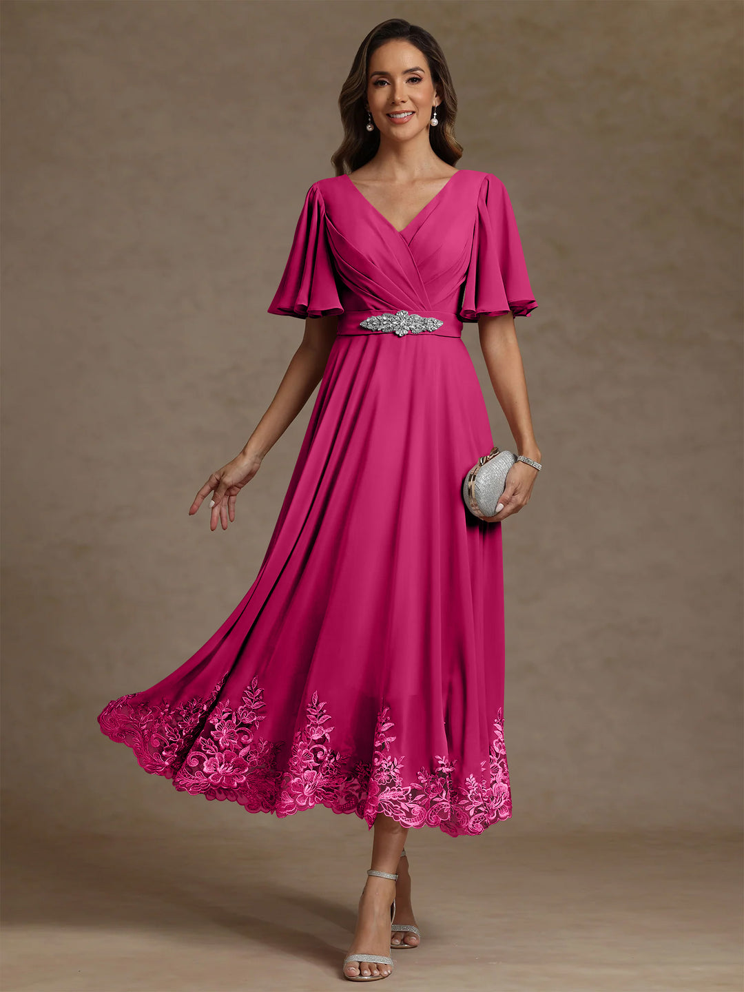 A-Line/Princess V Neck Mother of the Bride Dresses Short Sleeves Chiffon Lace Tea Length with Sash